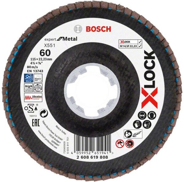 Bosch X-LOCK-Fächerschleifscheibe X551, Expert for Metal, K: 60, Scheibend.: 115 mm