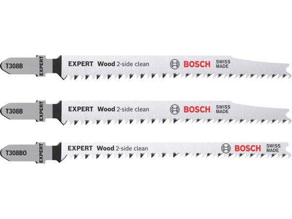 Bosch EXPERT ‘Wood 2-side clean‘ Stichsägeblatt-Set, 3-tlg., T308B/BO. Für Stichsägen