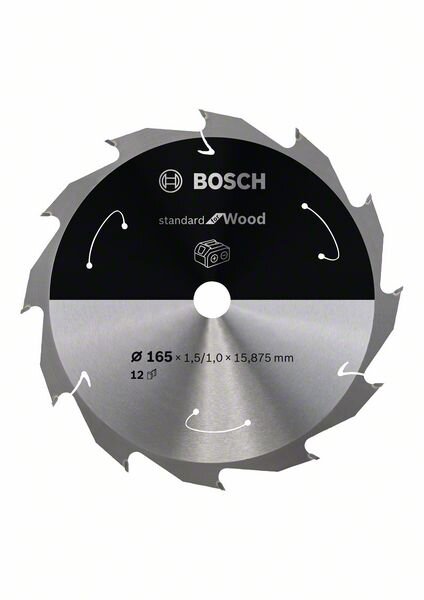 Bosch Akku-Kreissägeblatt Standard for Wood, 165 x 1,5/1 x 15,875, 12 Zähne