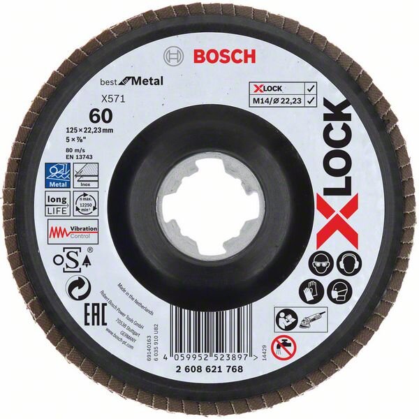 Bosch X-LOCK Fächerschleifscheibe, X571, Best for Metal, gewinkelt, Ø125 mm, K 60, 1St