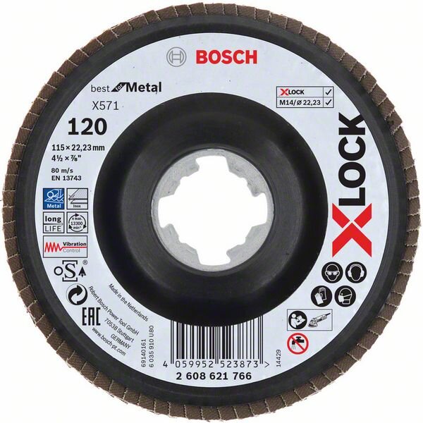 Bosch X-LOCK Fächerschleifscheibe, X571, Best for Metal, gewinkelt, Ø115 mm, K 120,1St