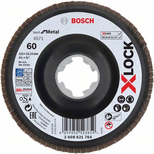 Bosch X-LOCK Fächerschleifscheibe, X571, Best for Metal, gewinkelt, Ø115 mm, K 60, 1St