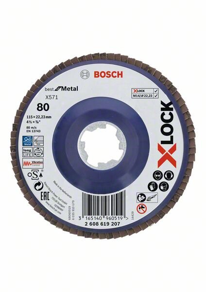 Bosch X-LOCK Fächerschleifscheibe, X571, Best for Metal, gerade, Ø115 mm, K 80, 1 Stk