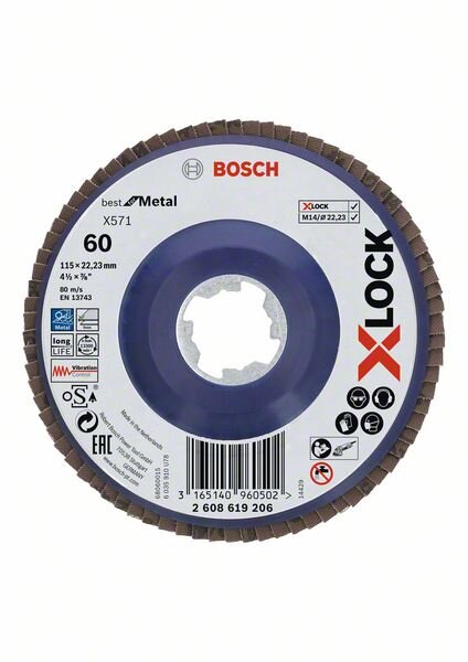 Bosch X-LOCK Fächerschleifscheibe, X571, Best for Metal, gerade, Ø115 mm, K 60, 1 Stk