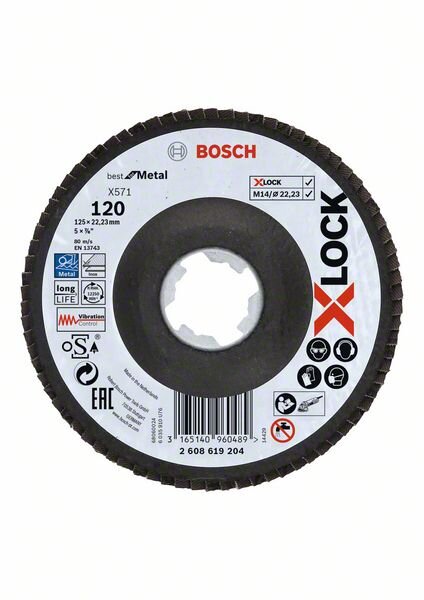 Bosch X-LOCK Fächerschleifscheibe, X571, Best for Metal, abgewinkelt Ø125 mm K120, 1St