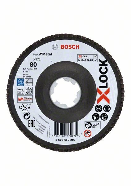 Bosch X-LOCK Fächerschleifscheibe, X571, Best for Metal, abgewinkelt Ø125 mm K 80, 1St