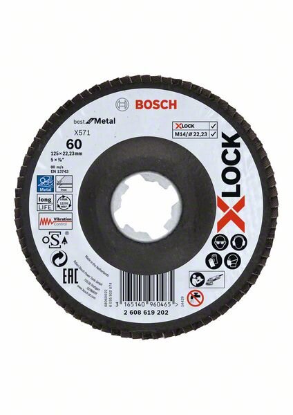 Bosch X-LOCK Fächerschleifscheibe, X571, Best for Metal, abgewinkelt Ø125 mm K 60, 1St