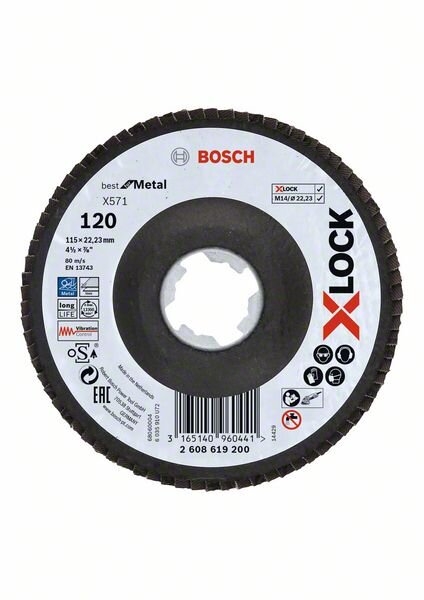 Bosch X-LOCK Fächerschleifscheibe, X571, Best for Metal, abgewinkelt Ø115 mm K120, 1St