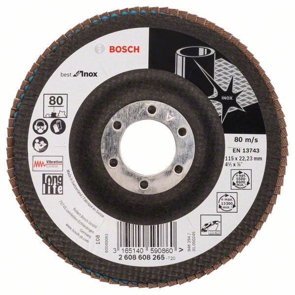 Bosch Fächerschleifscheibe X581 Best for Inox, gewinkelt, 115 mm, 80, Glasgewebe