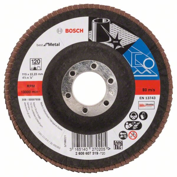 Bosch Fächerschleifscheibe X571 Best for Metal, gewinkelt, 115 mm, 120, Glasgewebe