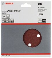 Bosch Schleifblatt C430, 150 mm, 80, 6 Löcher, Klett, 5er-Pack