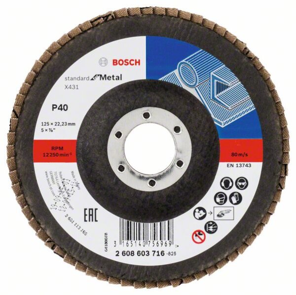 Bosch Fächerschleifscheibe X431 Standard for Metal, gerade, 125 mm, 40, Glasgewebe