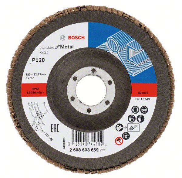 Bosch Fächerschleifscheibe X431 Standard for Metal, gewinkelt, 125 mm, 22,23 mm, 120