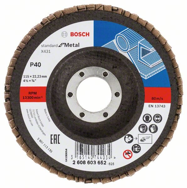 Bosch Fächerschleifscheibe X431 Standard for Metal, gewinkelt, 115 mm, 22,23 mm, 40