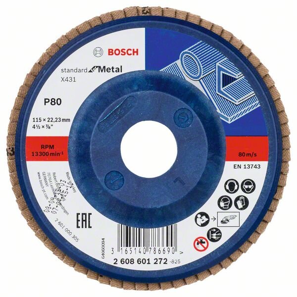 Bosch Fächerschleifscheibe X431 Standard for Metal, gerade, 115 mm, 80, Kunststoff