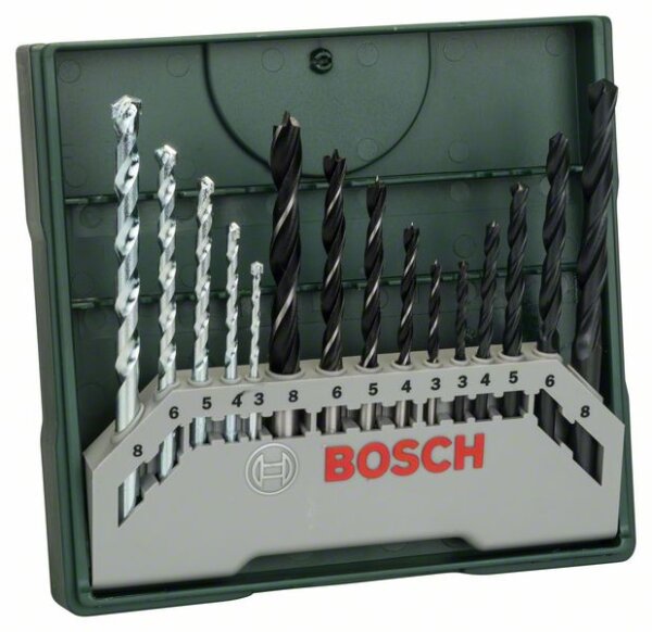 Bosch Mini-X-Line Mixed-Set, 15-teilig, 5 Stein-, 5 Metall-, 5 Holzbohrer