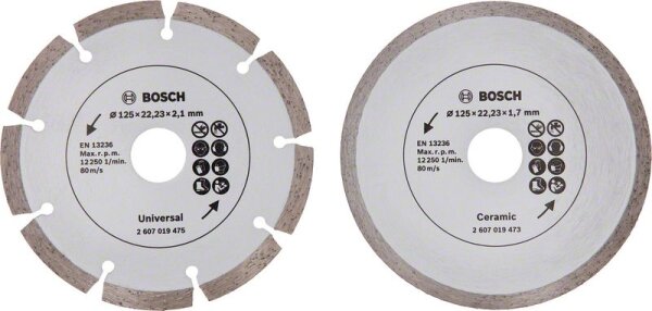 Bosch Diamanttrennscheibe für Fliesen und Baumaterial, Durchmesser: 125 mm, 2er-Pack