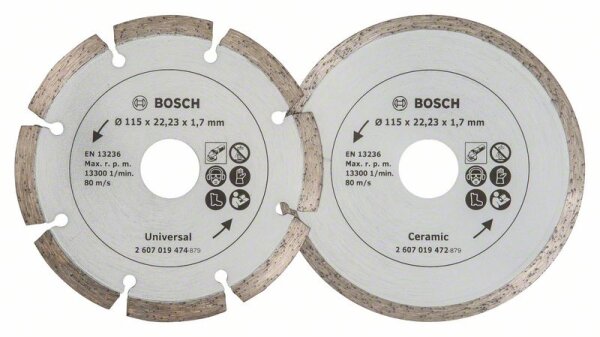 Bosch Diamanttrennscheibe für Fliesen und Baumaterial, Durchmesser: 115 mm, 2er-Pack