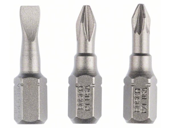 Bosch Schrauberbit-Set Extra-Hart (gemischt), 3-teilig, S 0,6x4,5, PH1, PZ1, 25 mm