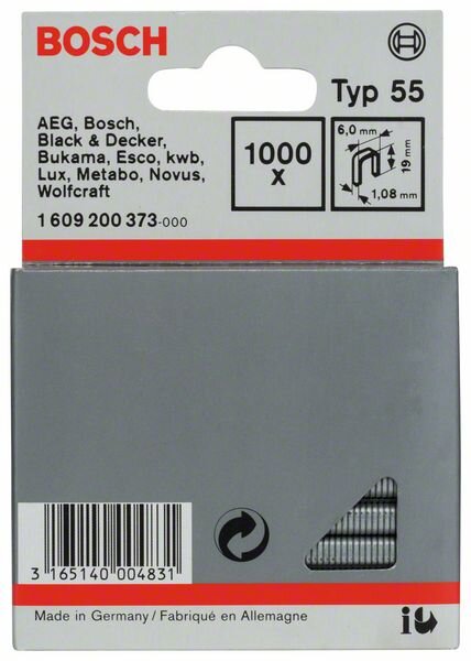 Bosch Schmalrückenklammer Typ 55, 6 x 1,08 x 19 mm, 1000er-Pack