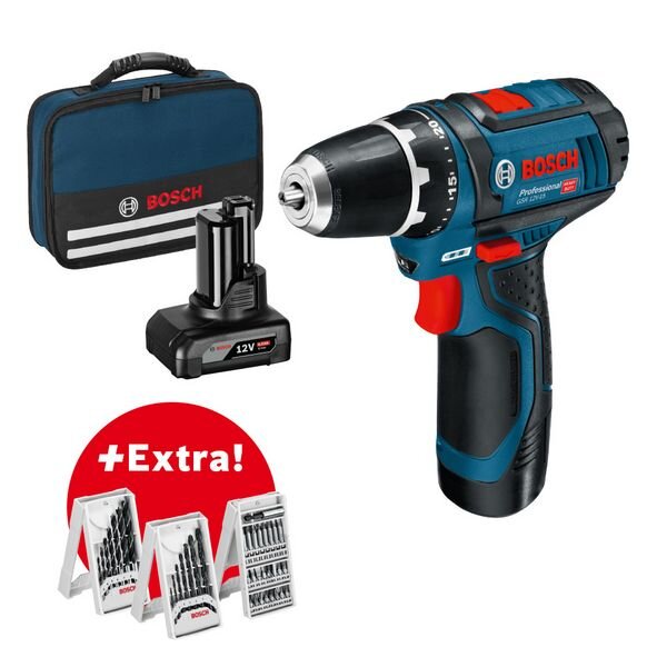 Bosch Akku-Bohrschrauber GSR 12V-15, mit 1 x 2.0 Ah, 1 x 4.0 Ah, Zubehör-Set in Tasche