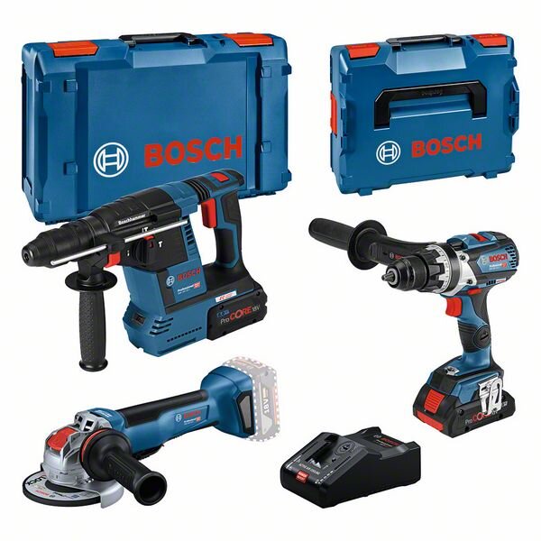 Bosch Combo Kit Set mit 3 18V-Werkzeugen: GSR 18V-110C + GWX 18V-10 P + GBH 18V-26F + 1 x 4.0 Ah (PC) + 1 x 8 Ah (PC) + GAL 18V-160 (L) Professional