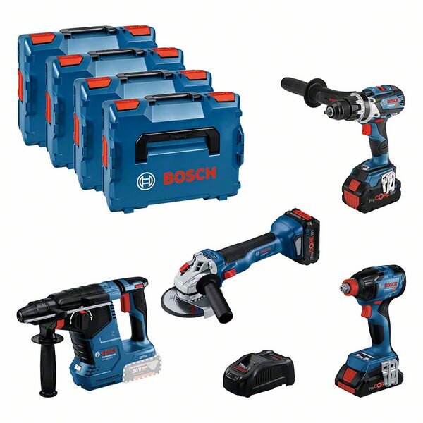 Bosch Combo Kit Set mit 4x 18V: GSR18V-110C/GDX18V-210C/GWS18V-10/GBH 18V-24C, 3x Akku