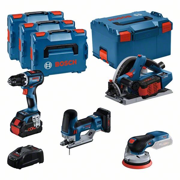 Bosch Combo Kit Set mit 4x 18V-Werkzeugen: GSR, GKT, GST, GEX, 3x Akku